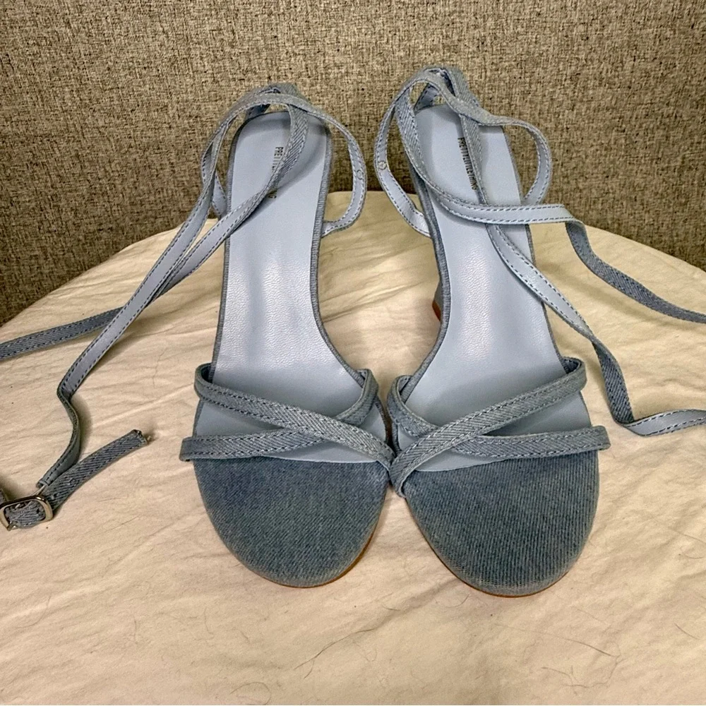 Pretty Little Thing Size 4‎ Blue Jean Denim Wedge Ankle Wrap Sandals